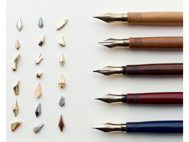 Variety of handcrafted calligraphy pens and intricate nibs arranged artistically.