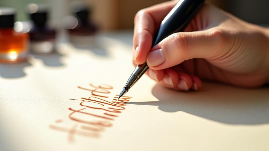 A close-up of a student's hands deftly guiding a dip pen across paper, creating elegant calligraphic strokes, surrounded by examples of beautifully finished script in an inspiring studio setting.