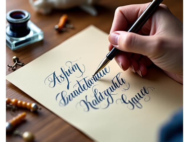 Close-up of a calligrapher's hand holding a dip pen, writing elegant script on textured paper, surrounded by ink bottles and fishing lures on a maritime-inspired desk.