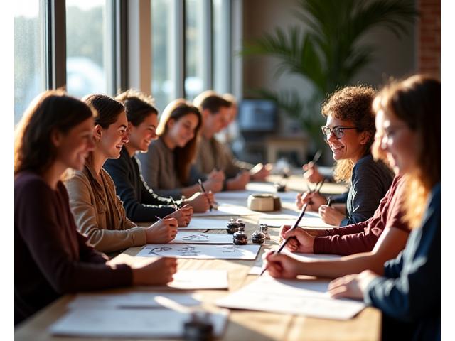 A diverse group of adults happily engaged in a calligraphy workshop at Inkwell Angler, smiling and focusing on their writing, with natural light streaming in.