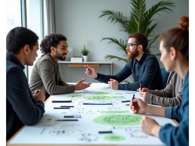 Team members discussing a design challenge around a table, using art supplies to outline ideas.