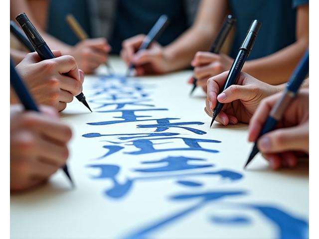 A close-up of several hands holding calligraphy pens, collaborating on a large scroll with intricate lettering.