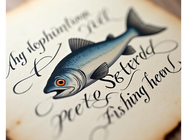 Fishing lure artwork rendered in elegant calligraphy script