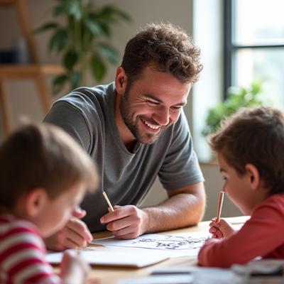 Friendly male instructor, David Chutter, interacting playfully with a group of older children during a workshop.