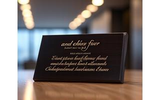 Calligraphed corporate award on a polished wooden plaque with a gold-leaf border, on an executive desk