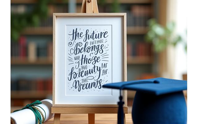 Calligraphed inspirational quote for a graduate, placed next to a graduation cap and a scroll