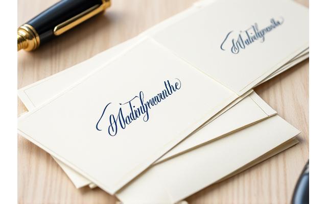 Stack of personalized calligraphy stationery, including cards and envelopes, neatly arranged with a pen