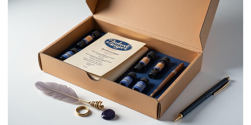 An elegantly packaged box of Inkwell Angler art supplies with a quill pen and a small compass, symbolizing careful delivery and quality assurance.